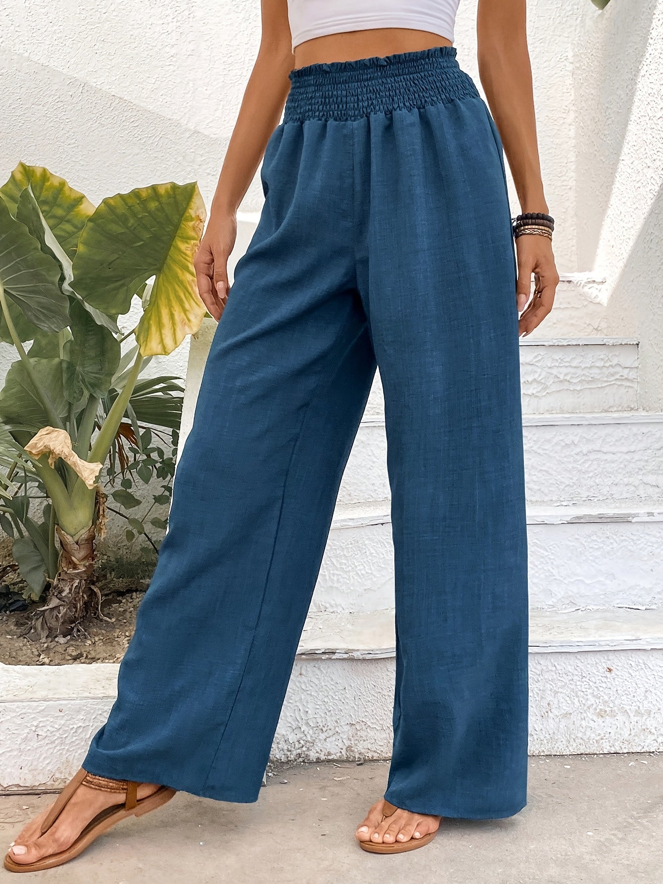 Damen Leinenhose Hohe Taille Elastisch Weites Bein Sommer Beige