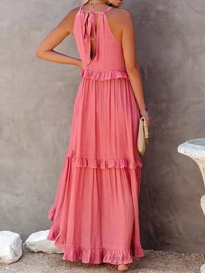 Damen Maxikleid Volants Neckholder Ausschnitt Sommerlich Feminin