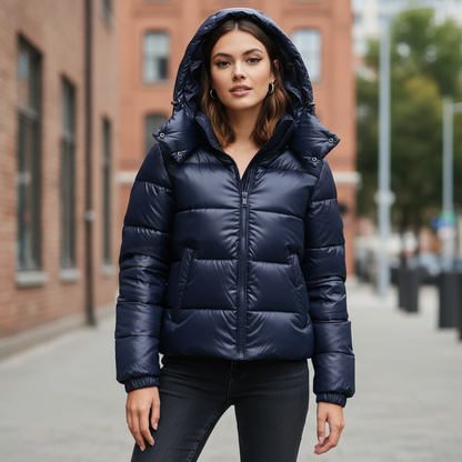 Nuvessa Damen Winterjacke Gepolstert Kapuze Glänzend Schwarz - Norvielle