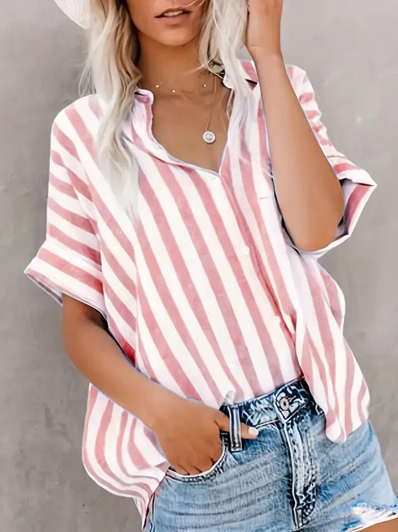 Damen Streifenbluse Kurzärmelig Sommerlich Elegant