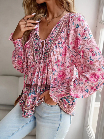 Damen Boho Bluse Blumenmuster Lange Ärmel Bindekragen