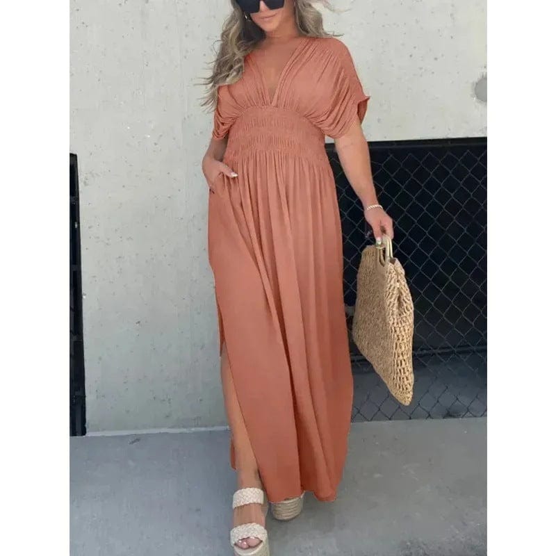 Damen Maxikleid Sommer Langes V-Ausschnitt Schlitz Boho