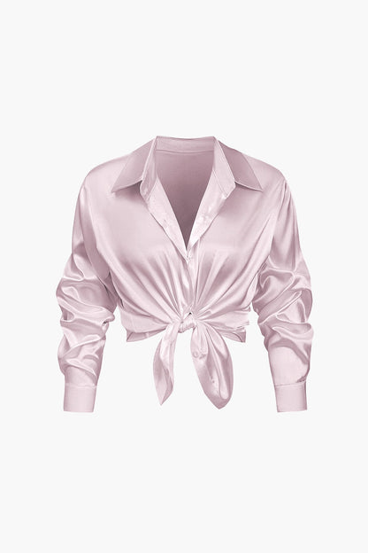 Elegante Damen Langarmbluse Seidiger Satin