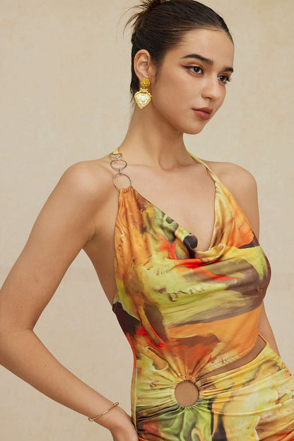 Mira Damen Asymmetrisches Mini-Kleid mit Kunstdruck und Seitenschlitz