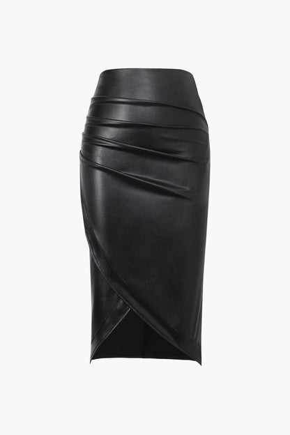 Damen Midirock Kunstleder Asymmetrisch