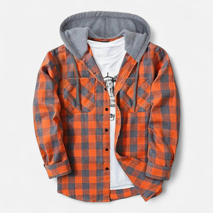 Herren Karo-Hoodie mit Knöpfen und Kordelzug