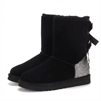 Damen Winterstiefel Wildleder Glitzer Schleifen