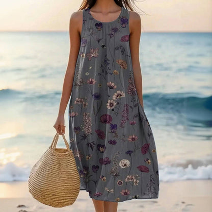 Damen Sommerkleid Grau Blumenmuster Rundhals Midi