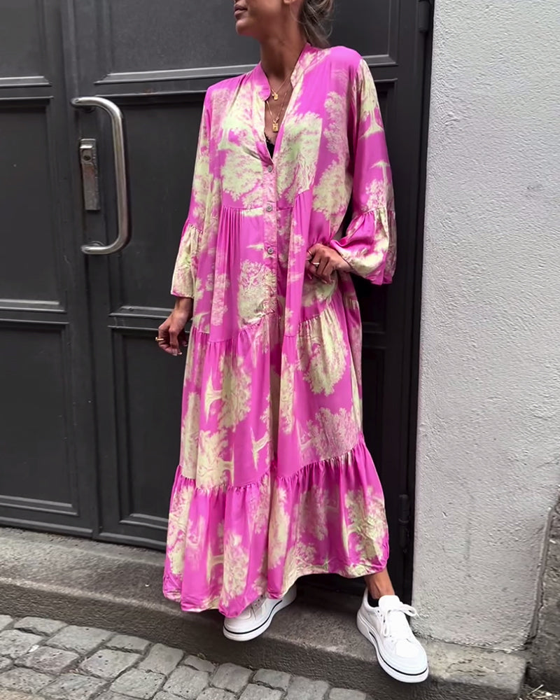 Damen Maxi-Kleid mit Blumenprint Volantärmeln Stehkragen Leicht