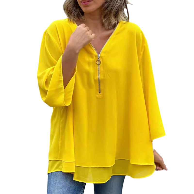 Norvielle Damen Chiffon V-Ausschnitt Reißverschluss Beige