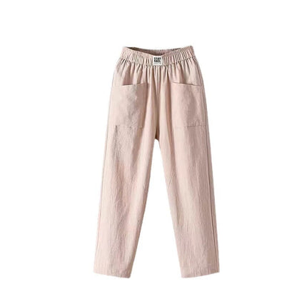Lässige Damen Leinenhose Baumwoll Elastischer Bund Beige