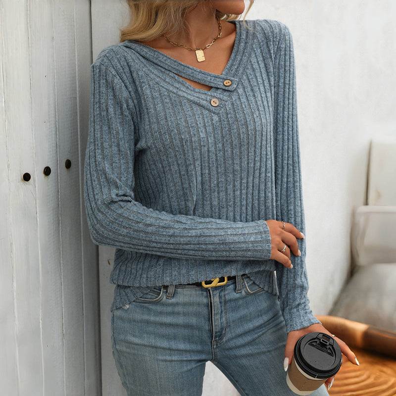 Damen Strickpullover V-Ausschnitt Knopfleiste