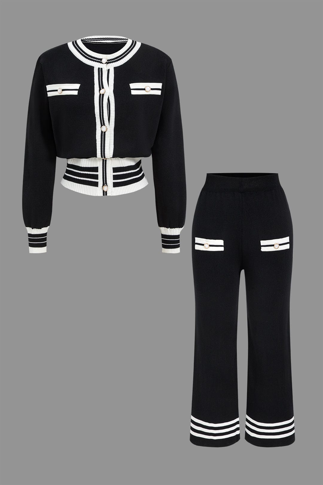 Ariella Damen Strick Zweiteiler Set Cropped Cardigan Weitbein Hose - Norvielle