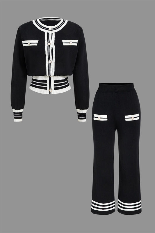 Ariella Damen Strick Zweiteiler Set Cropped Cardigan Weitbein Hose - Norvielle