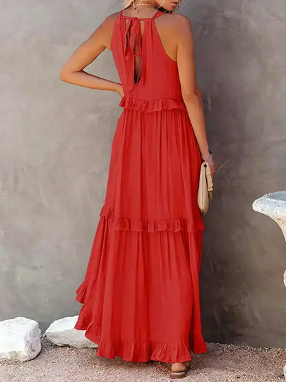 Damen Maxikleid Volants Neckholder Ausschnitt Sommerlich Feminin