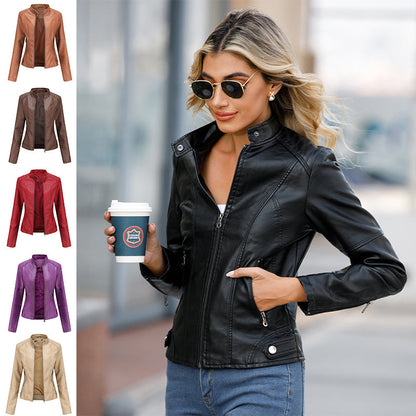 Claudia Damen Bikerjacke Stehkragen Leder