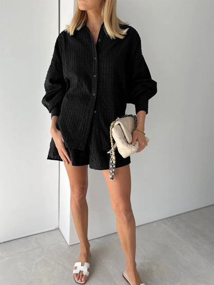 Damen Zweiteiler Oversize Baumwollmix Bluse und Shorts