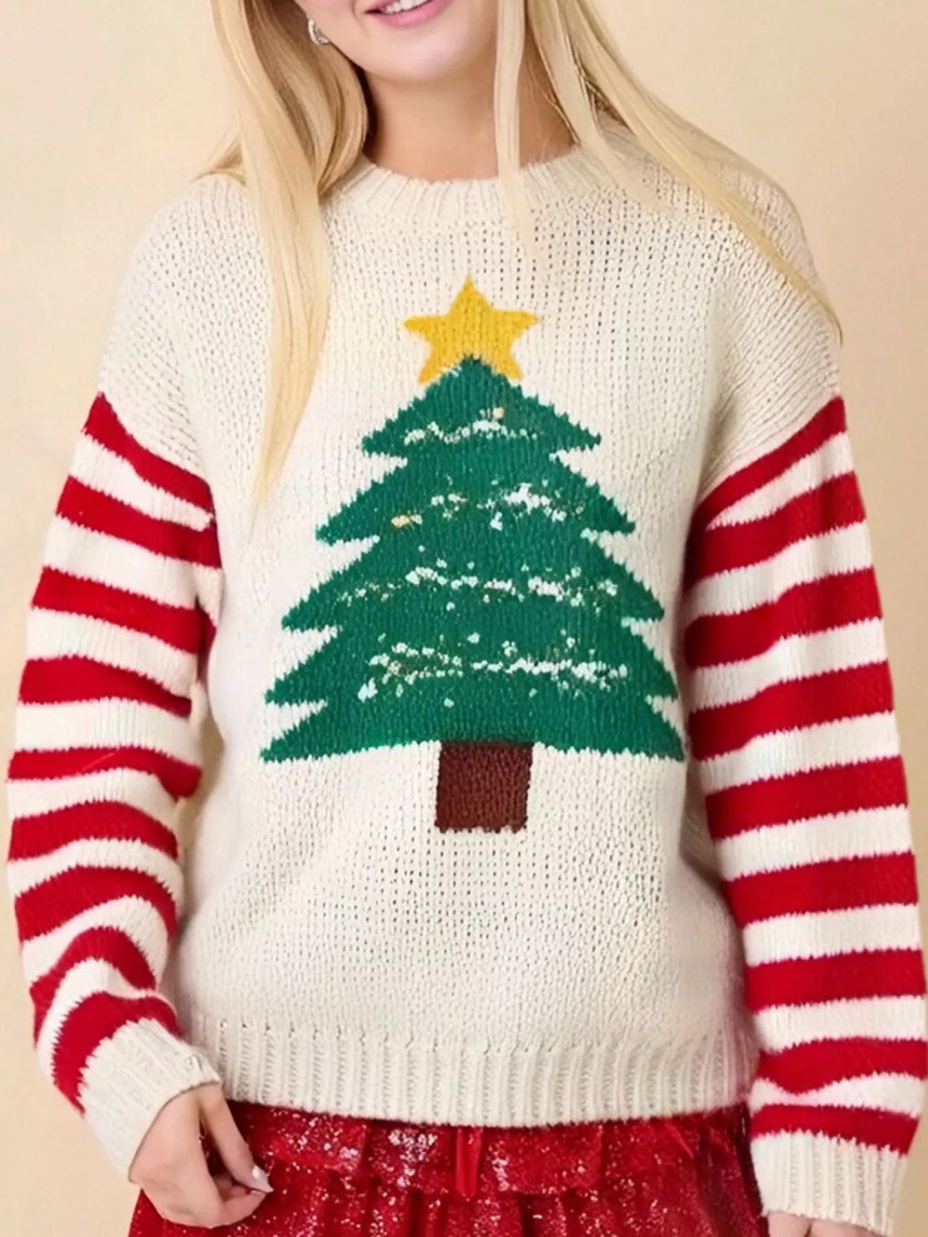 Weihnachtspullover Damen Rundhals Elfenbeinrot Streifen