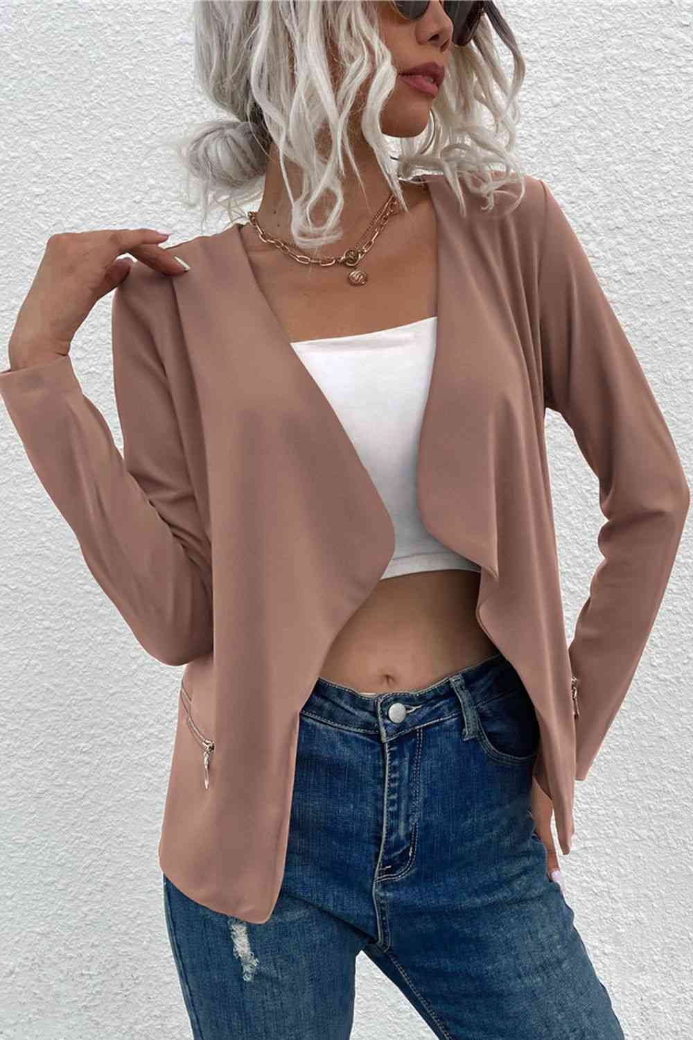 Norvielle Damen Cardigan Offen Reißverschluss Taschen Beige
