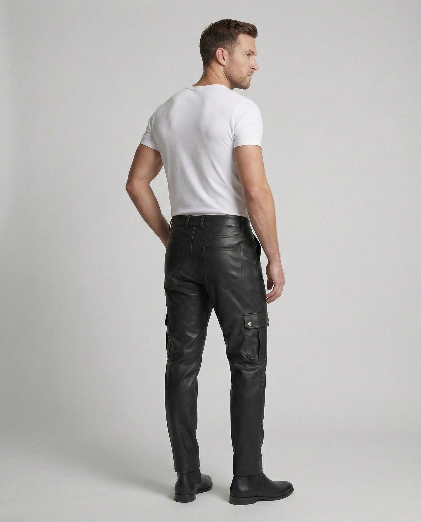 Herren Cargo-Hose Kunstleder Mit Seitentaschen