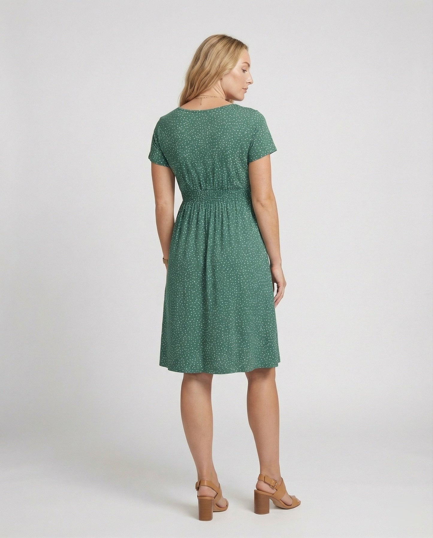 Damen Midikleid Grünes Punktmuster Kurzärmlig