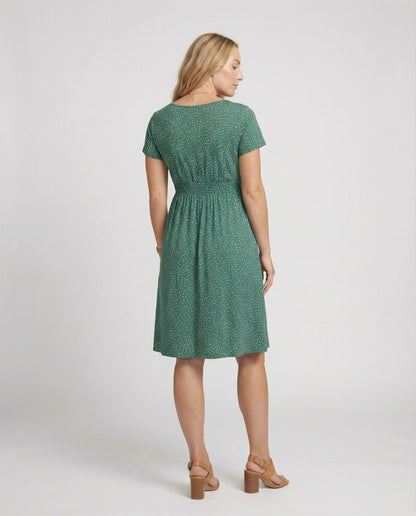 Damen Midikleid Grünes Punktmuster Kurzärmlig