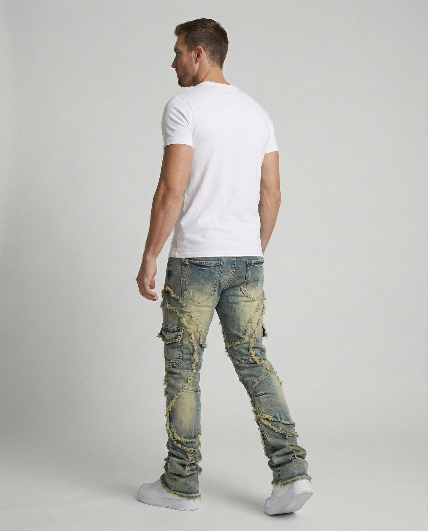 Herren Destroyed Jeans Cargotaschen Dunkelblau