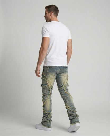 Herren Destroyed Jeans Cargotaschen Dunkelblau