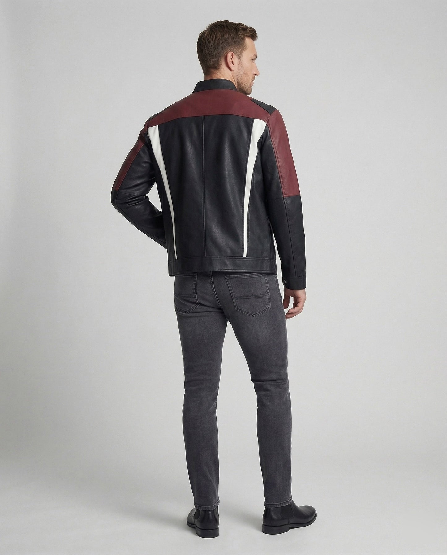 Herren Lederjacke Stehkragen Panelleder