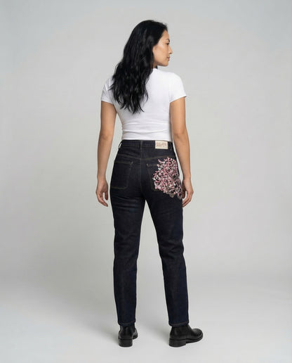 Damen High Waist Jeans mit Perlenstickerei - Norvielle