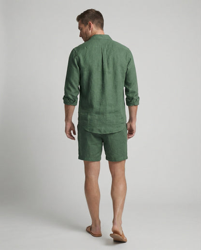 Herren Leinen Zweiteiler Hemd Shorts Beige