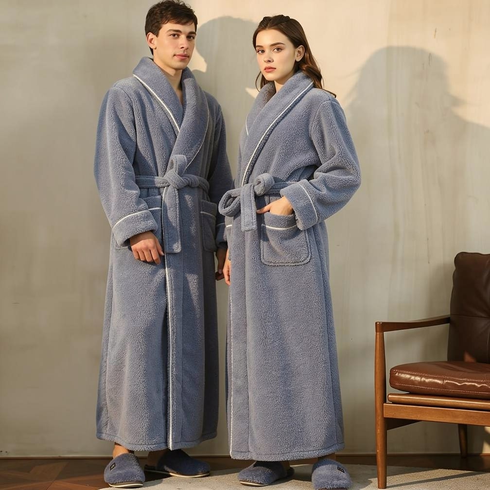 Fleece Bademantel für Herren Damen weich grau