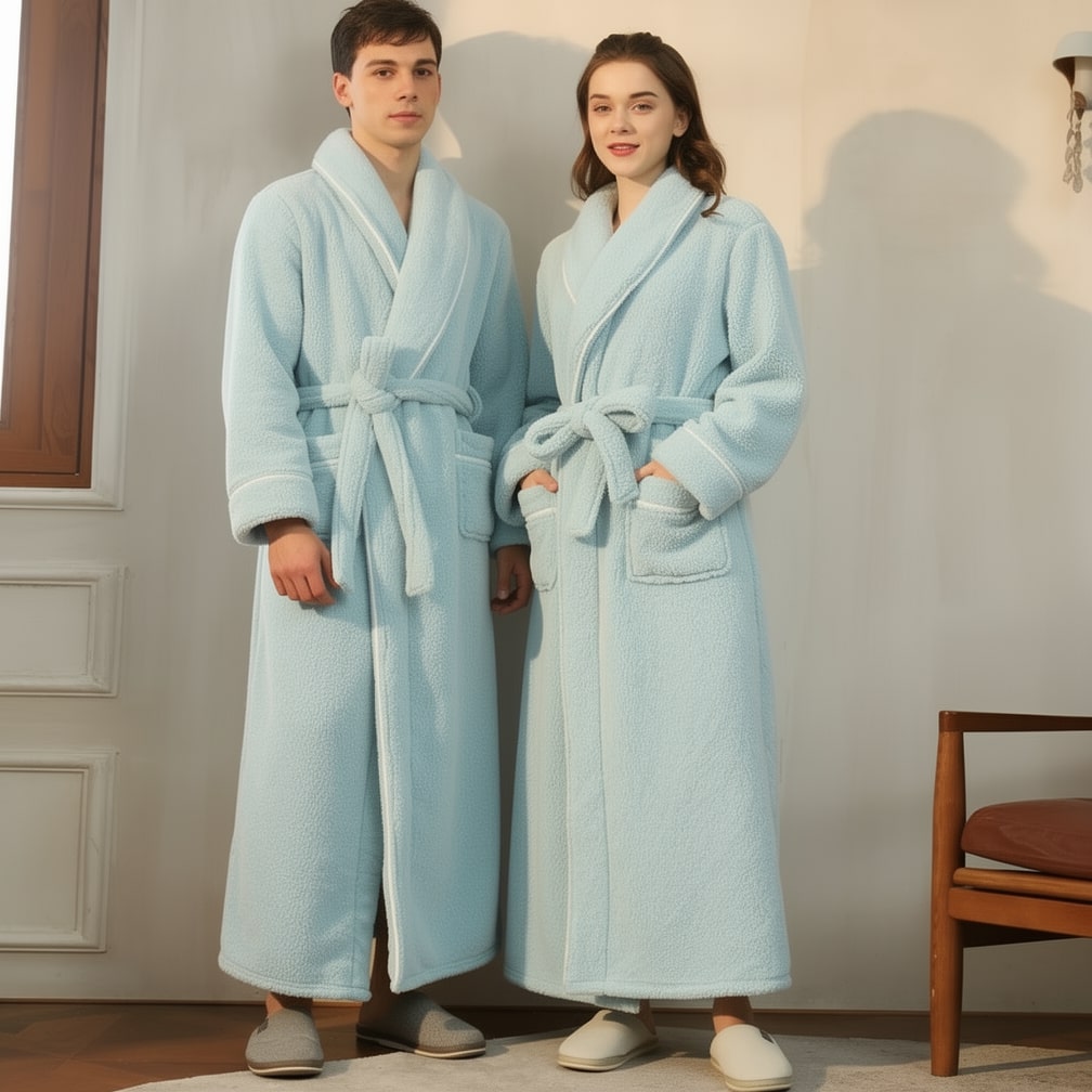 Fleece Bademantel für Herren Damen weich grau