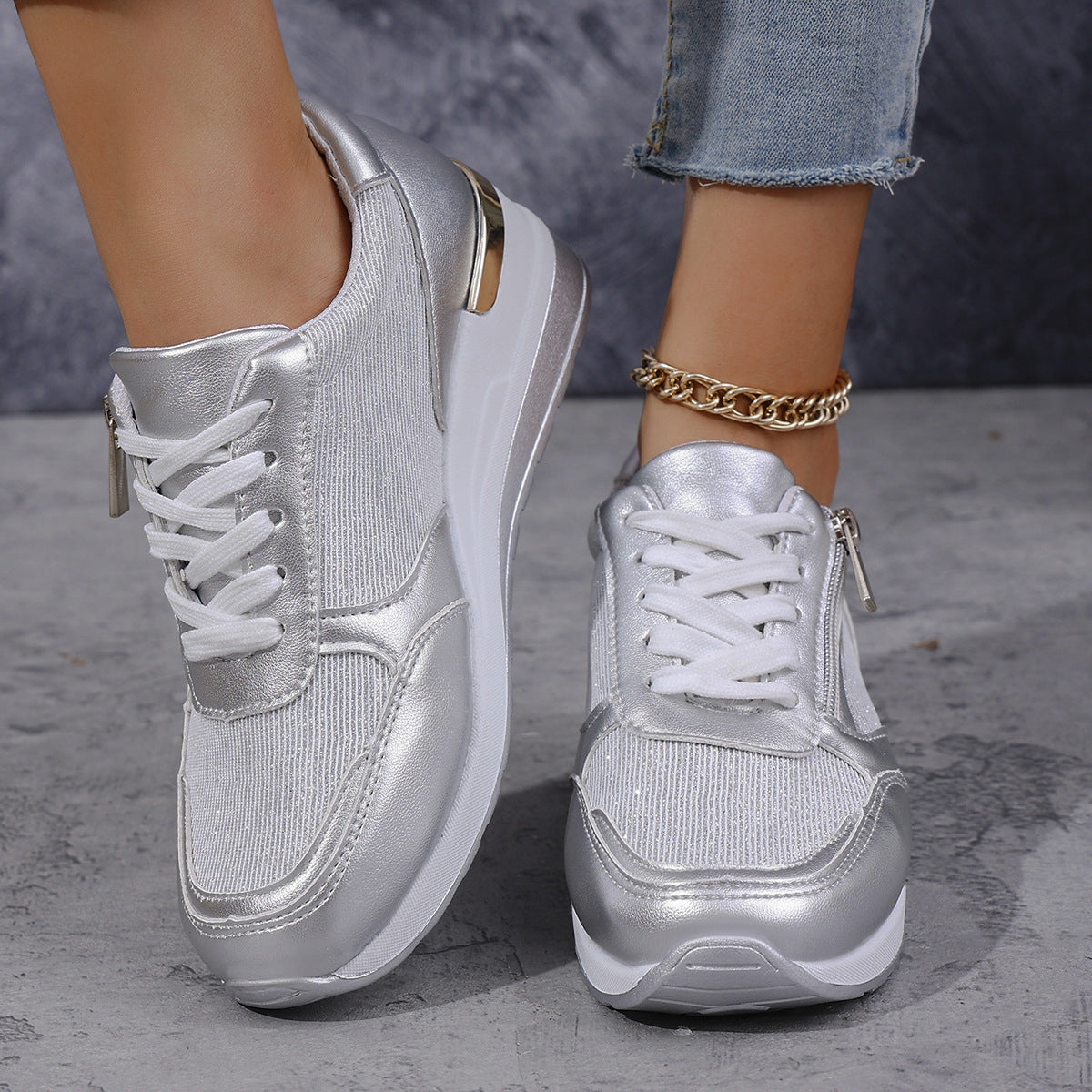 Damen Sneaker Hohe Sohlen Metallic Silbergold - Norvielle
