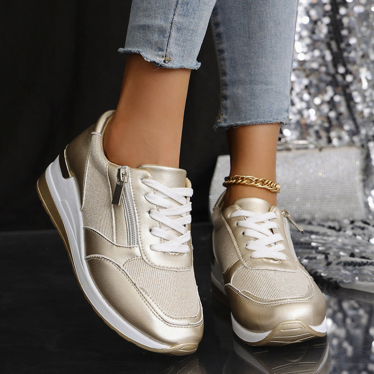 Damen Sneaker Hohe Sohlen Metallic Silbergold