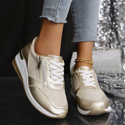 Damen Sneaker Hohe Sohlen Metallic Silbergold