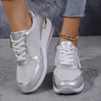 Damen Sneaker Hohe Sohlen Metallic Silbergold