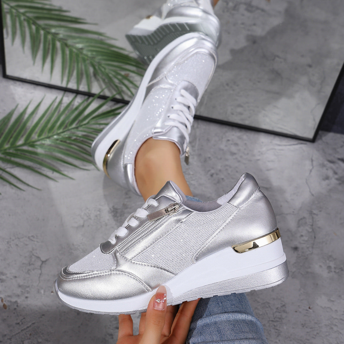 Damen Sneaker Hohe Sohlen Metallic Silbergold