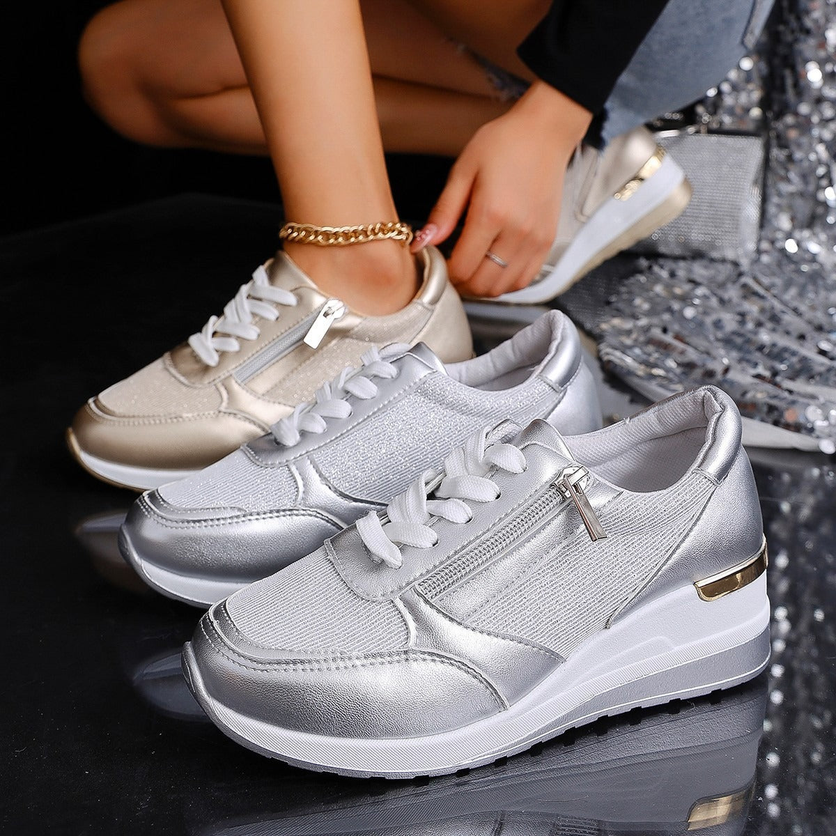 Damen Sneaker Hohe Sohlen Metallic Silbergold