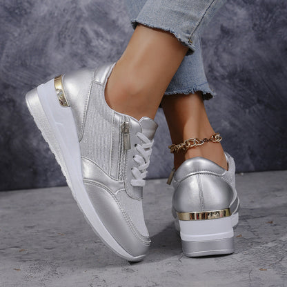 Damen Sneaker Hohe Sohlen Metallic Silbergold