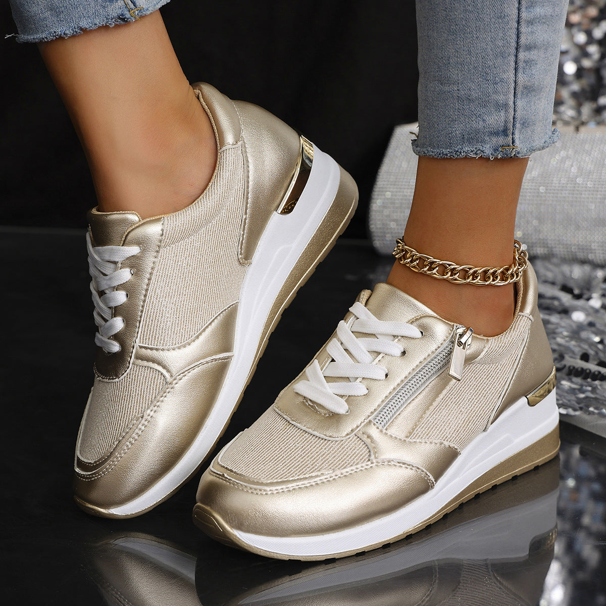 Damen Sneaker Hohe Sohlen Metallic Silbergold