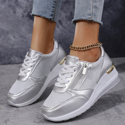 Damen Sneaker Hohe Sohlen Metallic Silbergold