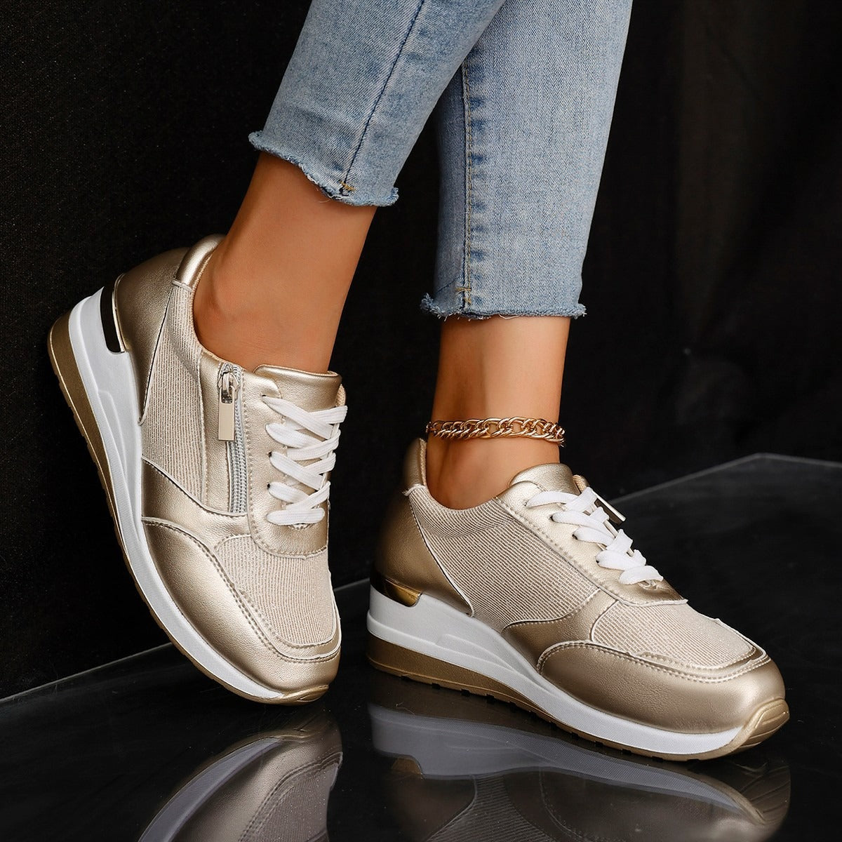 Damen Sneaker Hohe Sohlen Metallic Silbergold