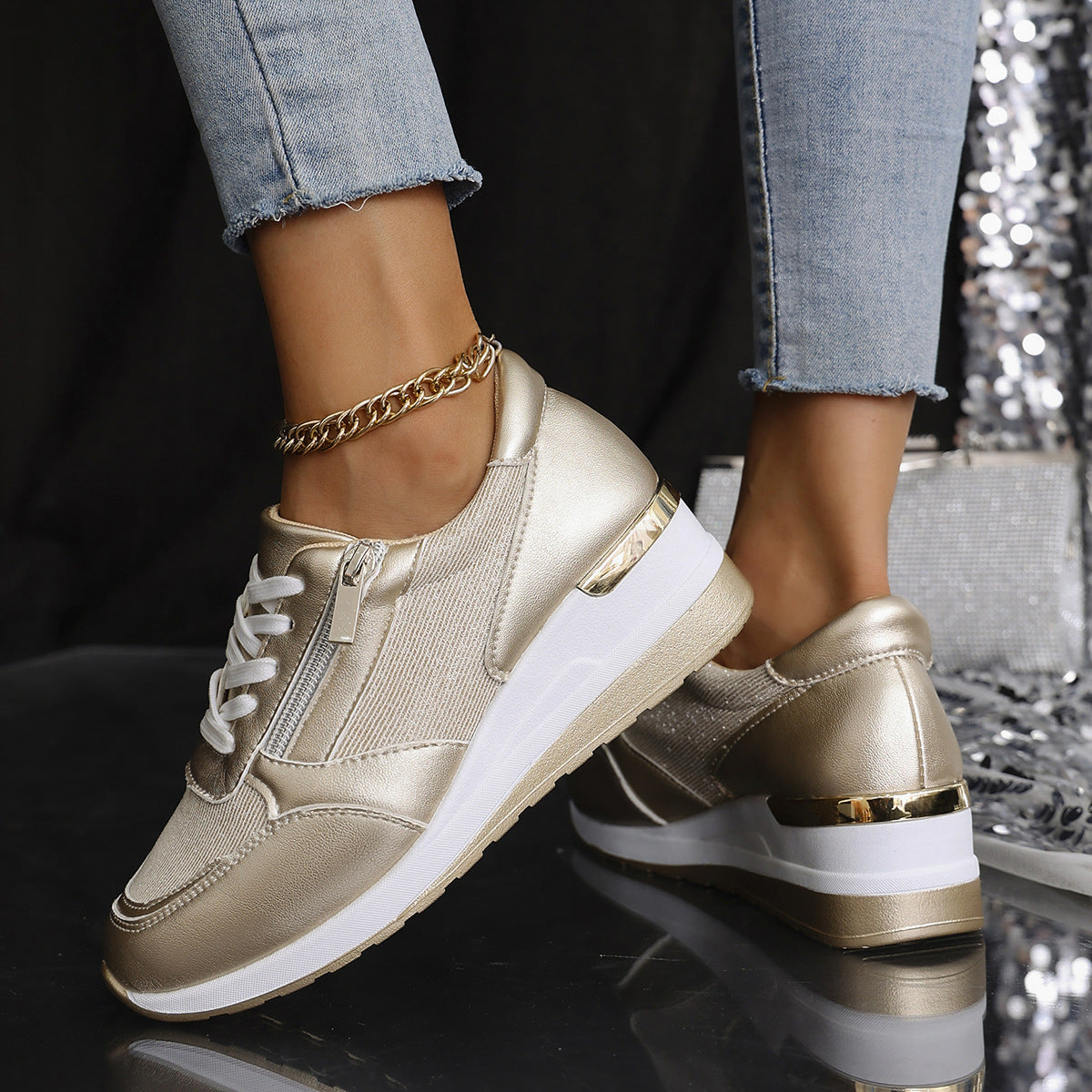Damen Sneaker Hohe Sohlen Metallic Silbergold