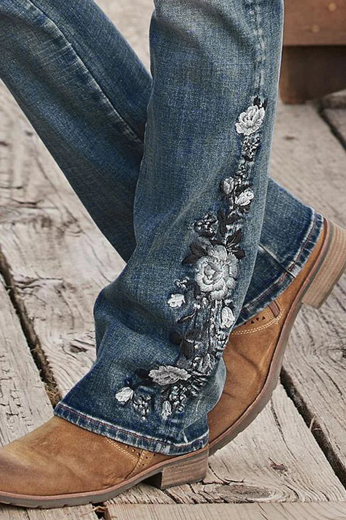 Norvielle Damen Jeans Mittel Taille Flamingo Bestickt