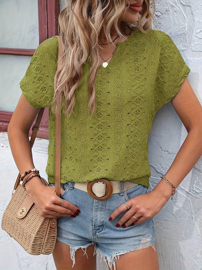 Norvielle Damen T-Shirt Eingekerbter Ausschnitt Lochstickerei