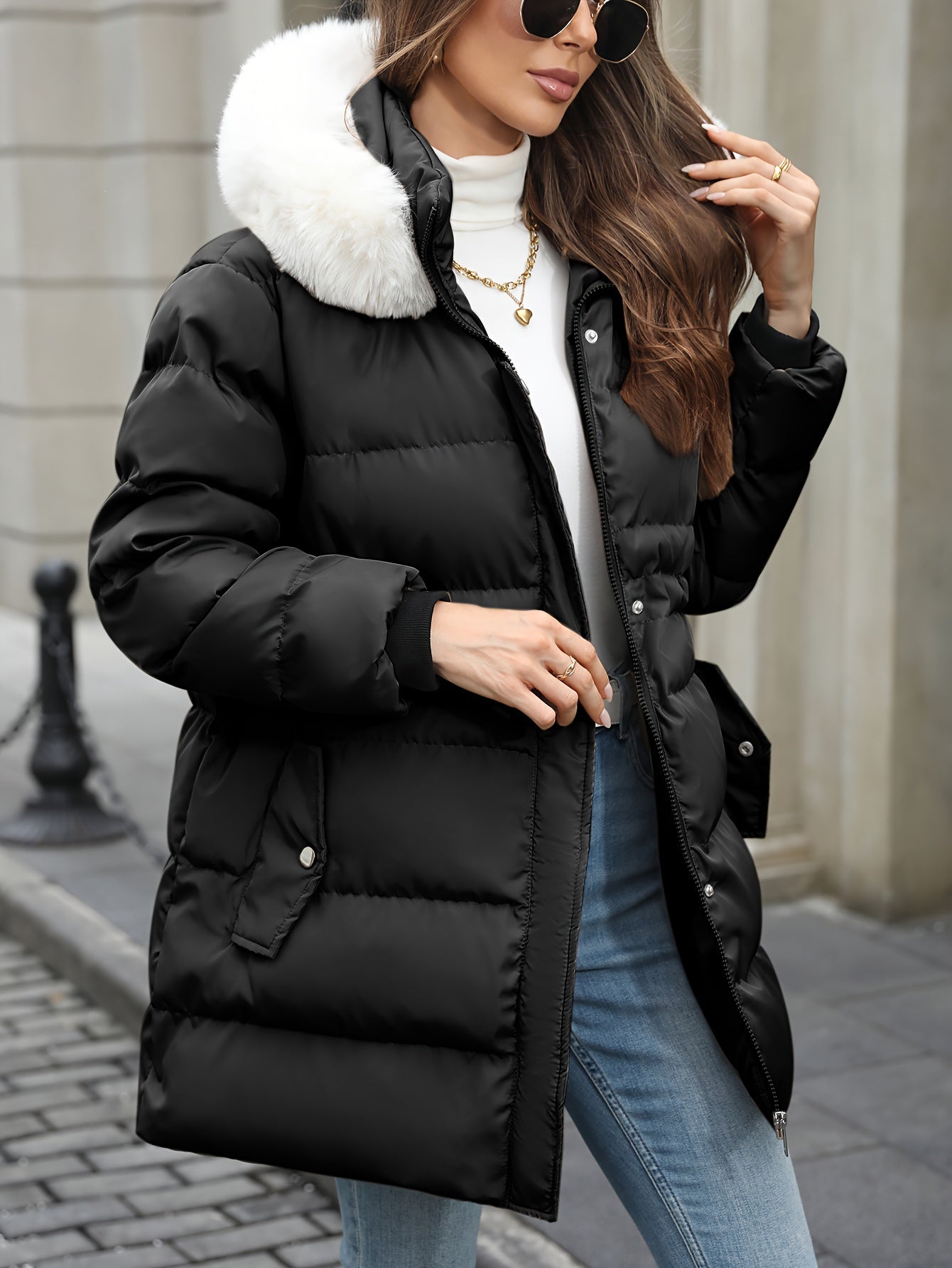 Damen Daunenjacke Mit Kapuze Fellbesatz