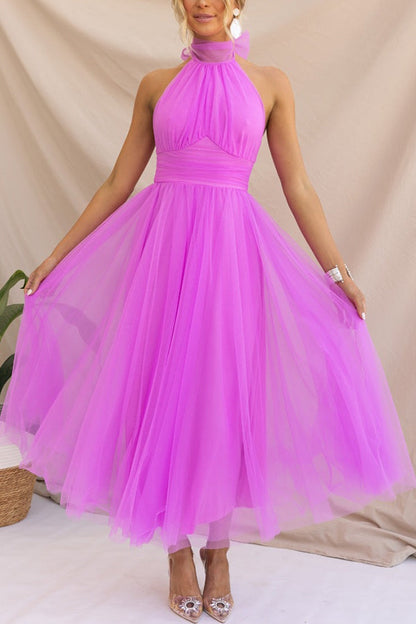 Elegantes Damen Tüllkleid Halterneck Mittellang A-Linie Weiß