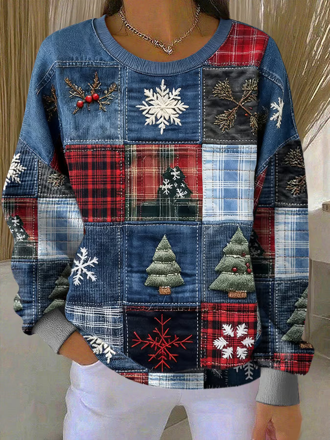 Weihnachtspullover Damen Patchworkdruck Rot - Norvielle