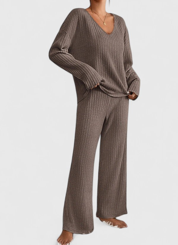Damen Lounge-Set Rippstrick Weite Hose Beige